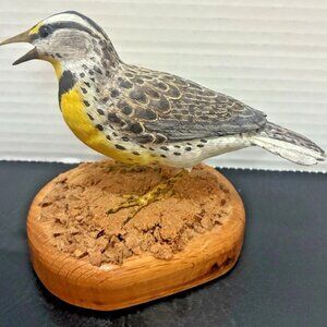 East Meadowlark Original, Wood/Glass Eyes, Vintage, Hand Carved, Painted, Signed